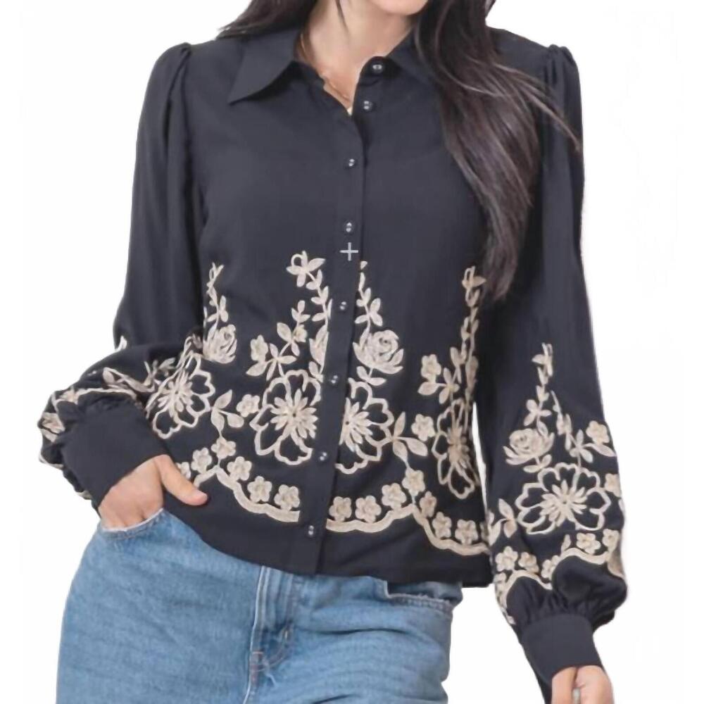 NEW TAELYNN gold floral embroidered top in black